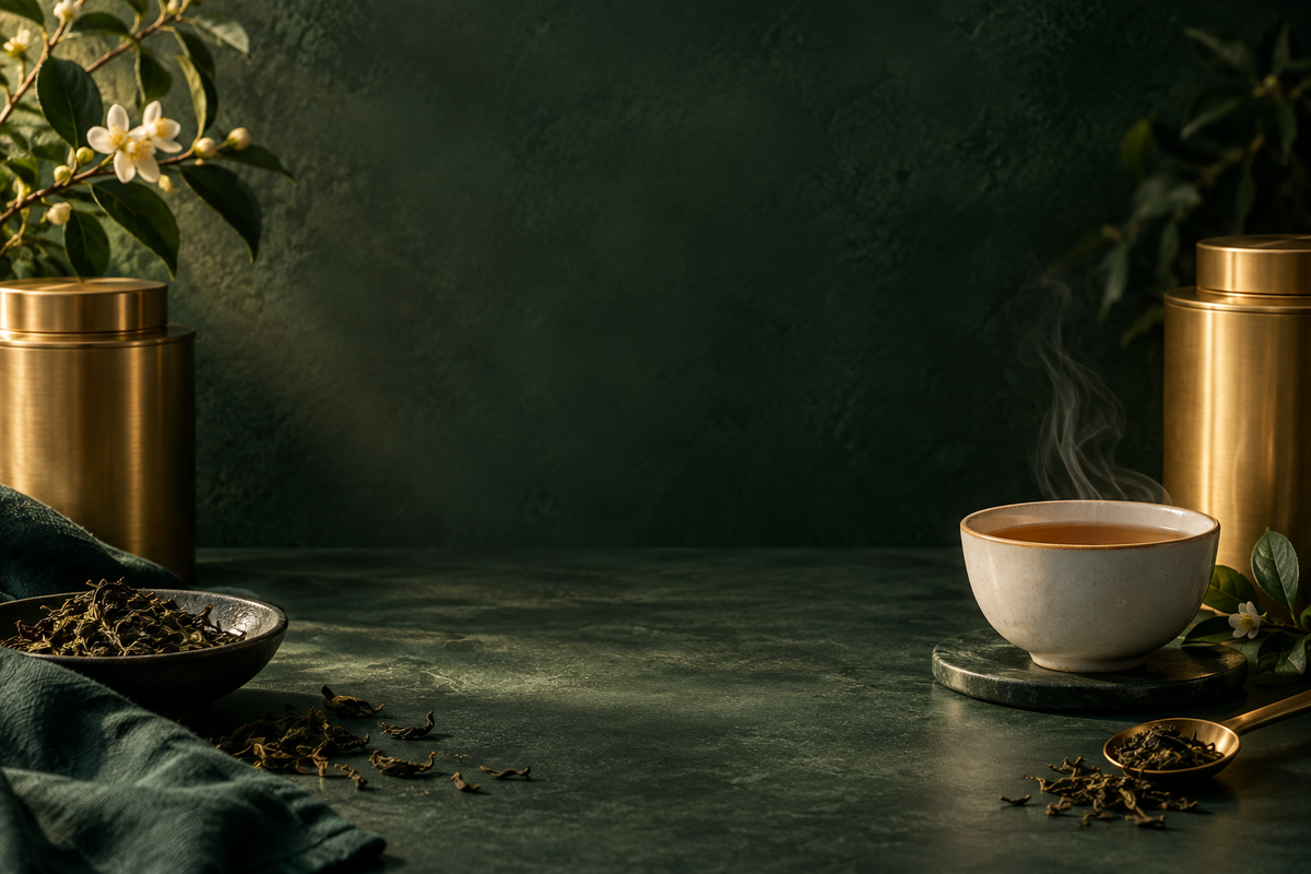 Composition d’ambiance avec une tasse de thé, des feuilles et des boîtes dorées sur fond vert profond.